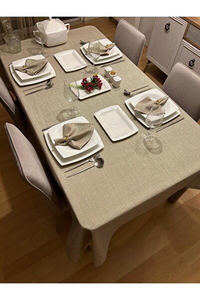 Zeren Home Polyester Linen Silvery Linen Tablecloth Stone Color + 12 Napkins