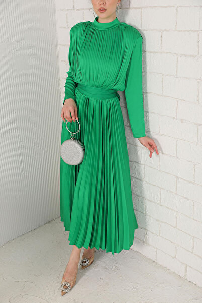 Melike Tatar Women's Pleated Green Dress with Tie Waist Detail