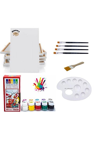 Glanart 10 renk guaj boya seti 35x50  tuval ipek fırça seti 10x20 ml