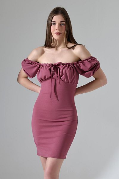 Deafox Φόρεμα με γιακά Dusty Rose Madonna Imported Crepe Fabric Shirred