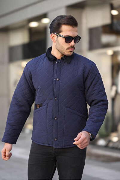 Oyga Чоловіча темно-синя стьобана оксамитова куртка з оксамитовим коміром і застібкою Cıt Cıt