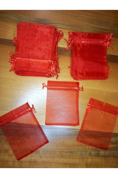yörük tuhafiye Organze Tül Kese ,50 Adet, Kırmızı (9X12 CM) Kına, Bebek,çerez ,nişan,nikah,kırmızı Model