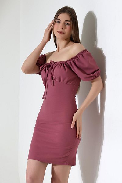 Deafox Φόρεμα με γιακά Dusty Rose Madonna Imported Crepe Fabric Shirred