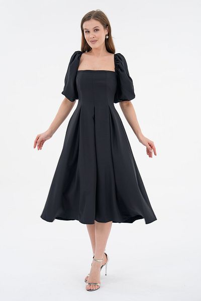 4S1B FASHION Rochie neagră pentru femei Atlas, fără bretele, decolteu larg evazat, lungime midi, cu mâneci balon scurte 167