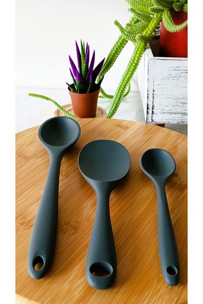 TARIK HOME Set of 3 Grey Color Hard Tip Heat-Resistant Fireproof Non-Stick Silicone Spoon Set 3 Pcs