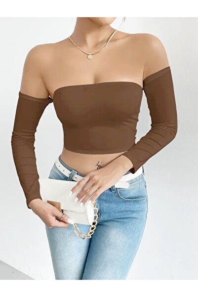 Olyssia بلوزة نسائية بنية اللون بياقة مادونا قابلة للتمدد بدون حمالات / قماش ...