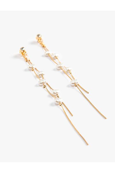 Koton Pearl Earrings with Dangle 2 Rows Chain Detail