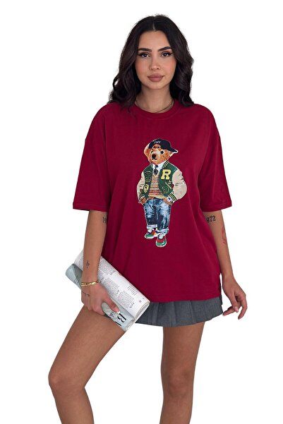 Moda Amore تي شيرت كبير الحجم مطبوع عليه دمية دب برقبة دائرية 555