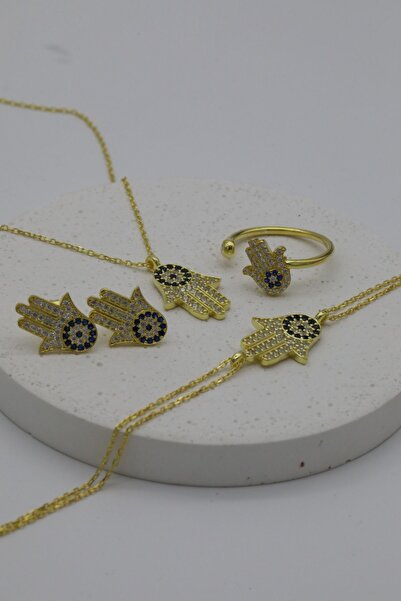 Inure Jewelry Fatma Ana Eli & Göz Zirkon Taşlı Nazar Boncuk Set (Kolye&Bilekl...