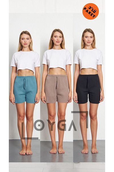 Oyga Corduroy pentru damă - Petrol, pământ, negru - Set de pantaloni scurti confortabili pentru zi cu zi din 3 piese