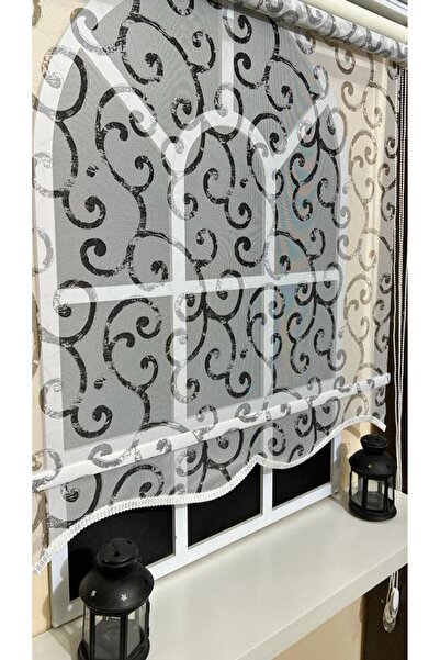 StorBurada Çift Mekanizmalı Desenli Tül Stor Perde Gri Baskı STB-108