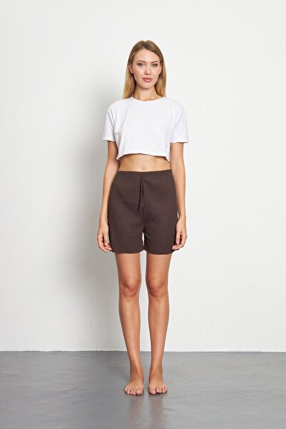 Oyga Women's Ribbed Brown Casual Clothing - Shorts Pajama Bottoms