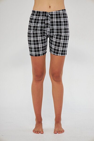 Oyga Plaid Patterned Black Women's Pajamas - Seasonal Shorts with Elastic Waist