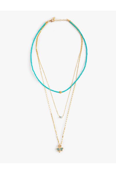 Koton Chain Necklace with Clover Figure and Evil Eye Bead Detail