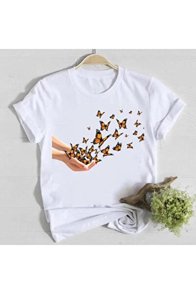 YUNAYT تي شيرت نسائي برقبة دائرية وتفاصيل طباعة كبيرة الحجم