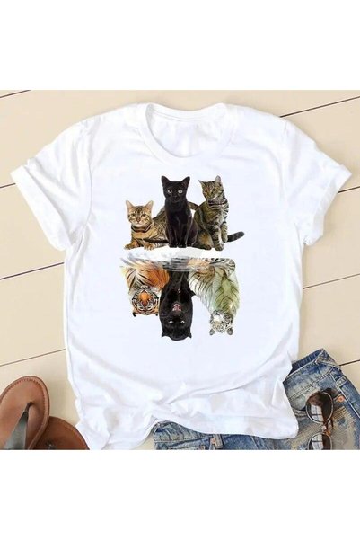 THİS GYOX Women's Printed Detail Oversize Bol Cut T-Shirt with Cycling Neck