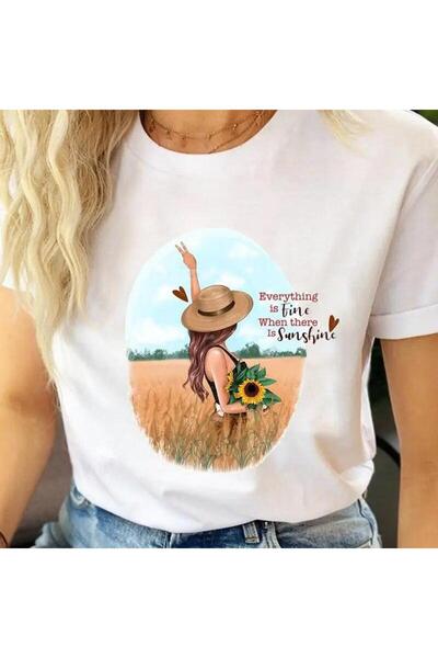 THİS GYOX Women's Printed Detail Oversize Bol Cut T-Shirt with Cycling Neck