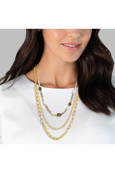 Lulu & Jane Modeschmuckhalskette Kette gelbgold Muschelkernperle weiß Kristall