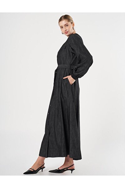 Kayra Kapak Cepli Denim Elbise Siyah