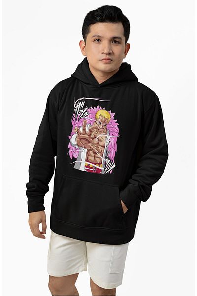 Fuddy Moda Hanorac cu glugă supradimensionat unisex cu imprimeu Donquixote Doflamingo - Hanorac cu tematică anime