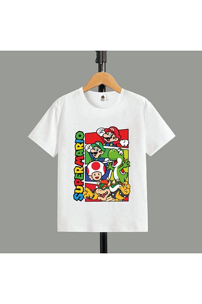 SVART WEAR Tricou cu mânecă scurtă din bumbac, cu imprimeu Super Mario, pentru copii și adolescenți