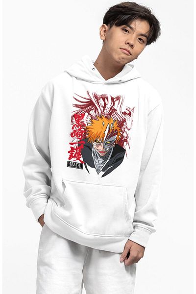 Fuddy Moda Hanorac cu glugă cu imprimeu Ichigo Bleach, Hanorac cu glugă supradimensionat unisex cu imprimeu anime