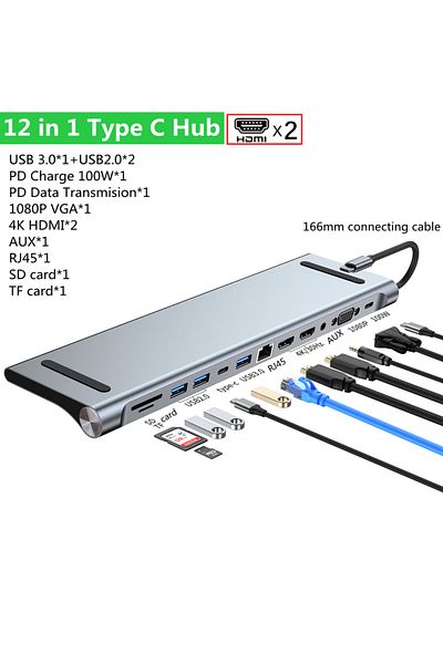 OEING 12 في 1 11/12 في 1 قاعدة توصيل من النوع C وموزع USB C 3.0 ومحول متعدد المنافذ 4K Rj45 Sd/tf Vga Hdmi-compa
