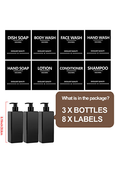 Choice موزع صابون مربع أسود 3 قطع سعة 500 مل، ملصقات مقاومة للماء، زجاجة فارغة قابلة لإعادة التعبئة، صابون سائل لليدين