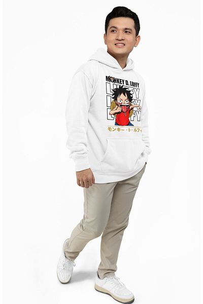 Fuddy Moda Hanorac cu glugă unisex One Piece - Hanorac supradimensionat cu imprimeu anime cu scris Monkey D Luffy