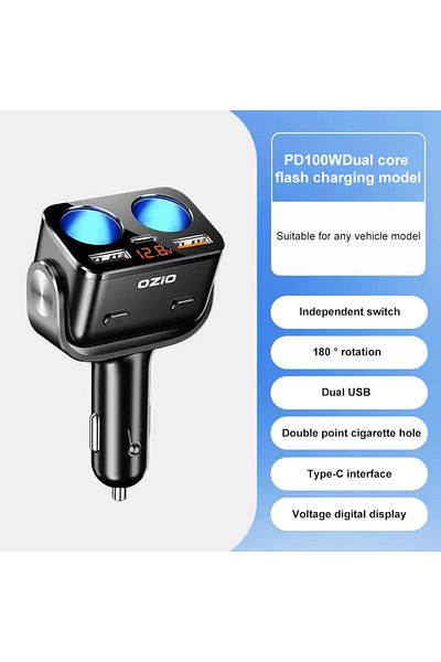 Choice Y48tc 100w Car Super Fast Charger Dual Ports Two In One Usb Interface Car Phone Adapter With Digital