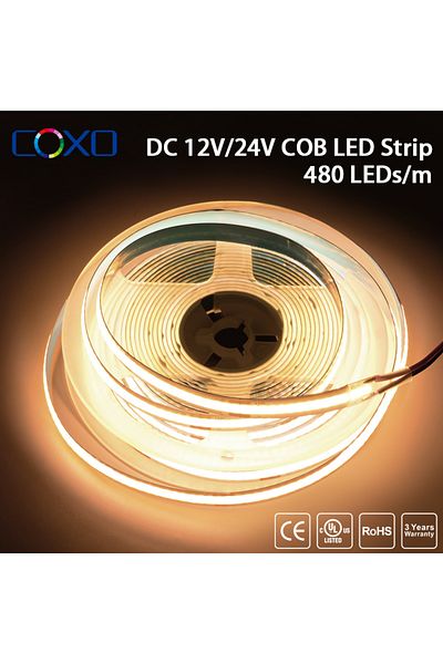 COXO 5m Dc 12v 480 Leds 3000k Warm White Fcob Cob Led Strip Light 320 480 Leds/m 16.4ft Ul Listed High De