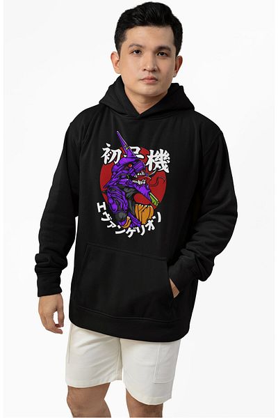 Fuddy Moda Hanorac cu glugă supradimensionat unisex cu imprimeu neon Evangelion