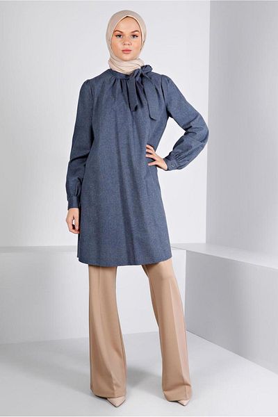 TRENDTESETTÜR Navy Blue Indigo Lacing Detailed Cotton Tunic - t 42259