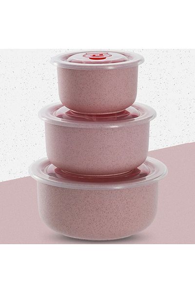 Choice 3pcs Pink 3pcs Wheat Straw Fresh-keeping Bowl Three-piece Set With Lid For Home Microwaveable Plasti