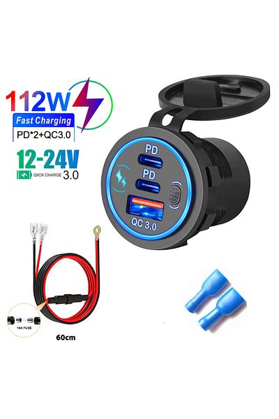 Choice Blue with lines Car Charger Socket PD3.0 & QC3.0 Double USB C Ports Waterproof with LED Touch Switch