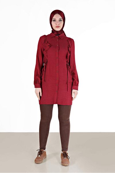 TRENDTESETTÜR Red Ruffle Detailed Women's Tunic - t 42390