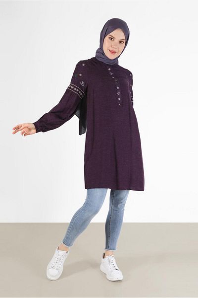 TRENDTESETTÜR Women's Purple Embroidered Detail Tunic t 42396