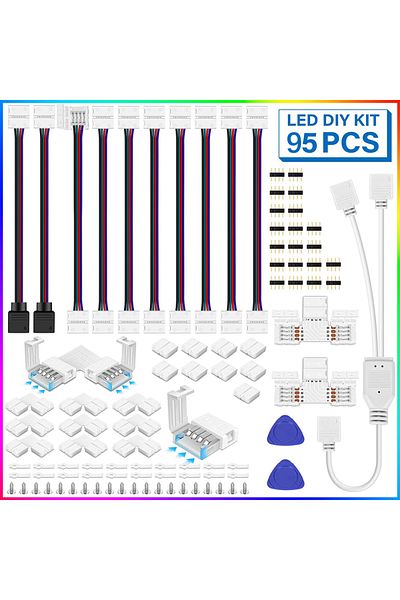 Choice مجموعة موصلات شريط إضاءة LED RGB رباعية الدبابيس من 95 قطعة 5050 مع وصلات شريط على شكل حرف T/L ومشابك شريطية وأسلاك