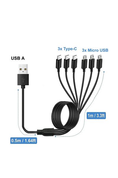Choice كابل موزع USB من النوع C/ميكرو PD 1 إلى 6 في 1 (150 سم) كابل USB متعدد 3 في 1 سريع الشحن