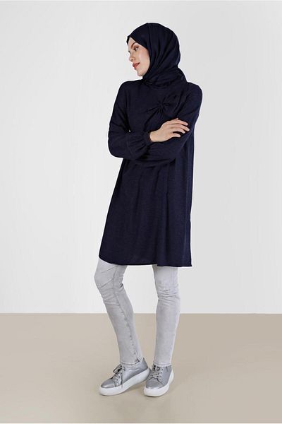 TRENDTESETTÜR Navy Blue Women's Tunic with Ribbon Detail - A. Navy Blue t 42394