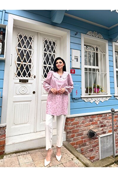 KÜÇÜĞÜM BUTİK Poplin Baby Collar Tunic - Pink-Burgundy Floral