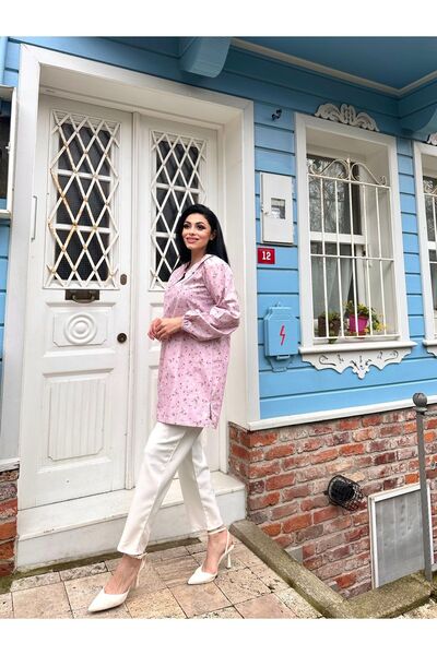 KÜÇÜĞÜM BUTİK Poplin Baby Collar Tunic - Pink-Burgundy Floral