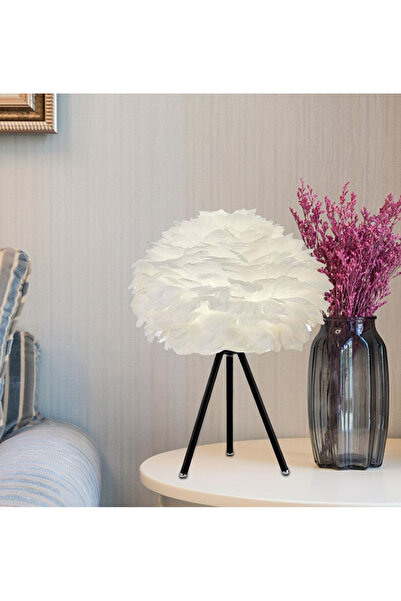 burenze Modern Luxury Tasarım Mona Lisa Tüylü Abajur Siyah Gövde Kar Beyazı Tüy