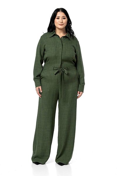 DISENTIS MODEST Plus Size Wide Leg Khaki Jumpsuit with Tunnel Waist and Elastic Back