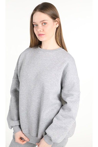 le mardi Oversize Bisiklet Yaka Şardonlu 3 Iplik Kadın Gri Eşofman Takımı