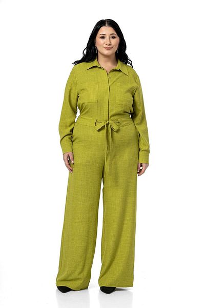 DISENTIS MODEST Plus Size Wide Leg Pistachio Green Jumpsuit with Tunnel Waist and Elastic Back