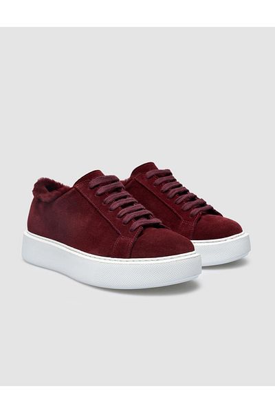 Cabani 100% Genuine Leather Burgundy Suede Shearling Women's Sneakers