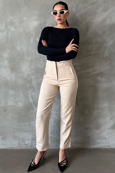 Seeh Beige High Waist Women's Fabric Trousers Sh192