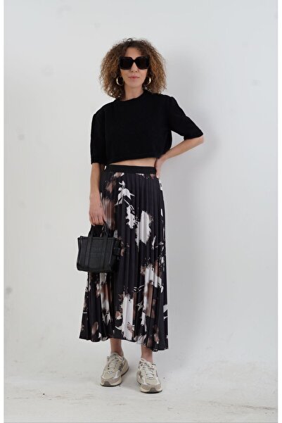 Zelish My Sister Siyah Soyut Desenli Pliseli Etek