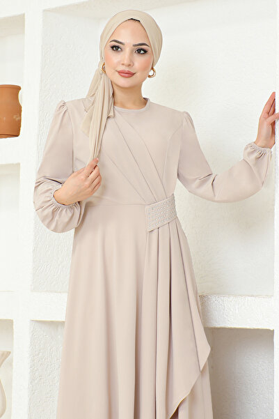 ModaMerve Cream Color Stone Detailed Dress - Asm2507